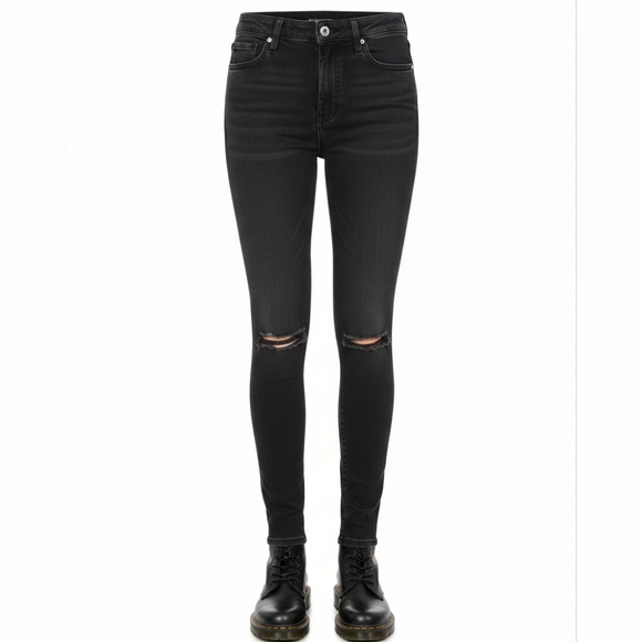 Zara Denim - Zara Z1975 Mid Rise Skinny Jeans Black Ripped Knees 38 / 6